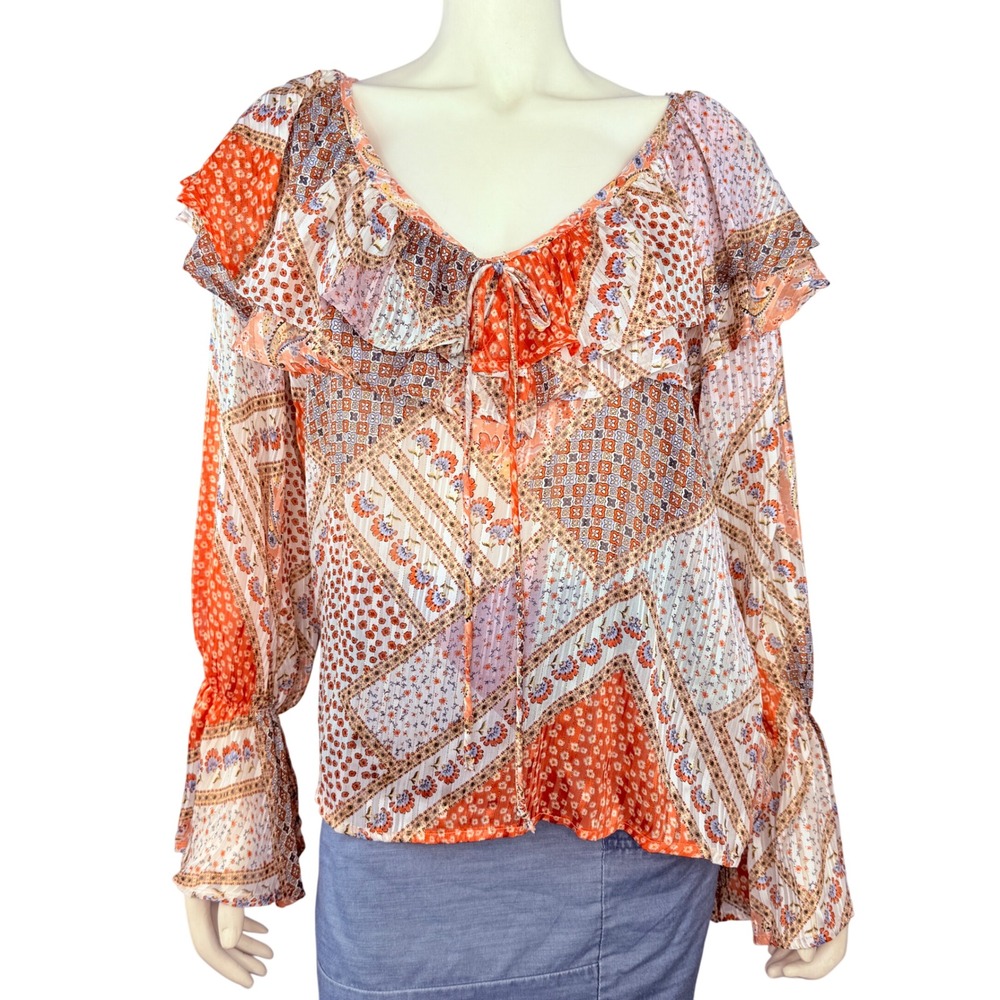 Saints & Hearts Ruffle Blouse Womens M Orange Patchwork Boho Bell Sleeve‎ Top